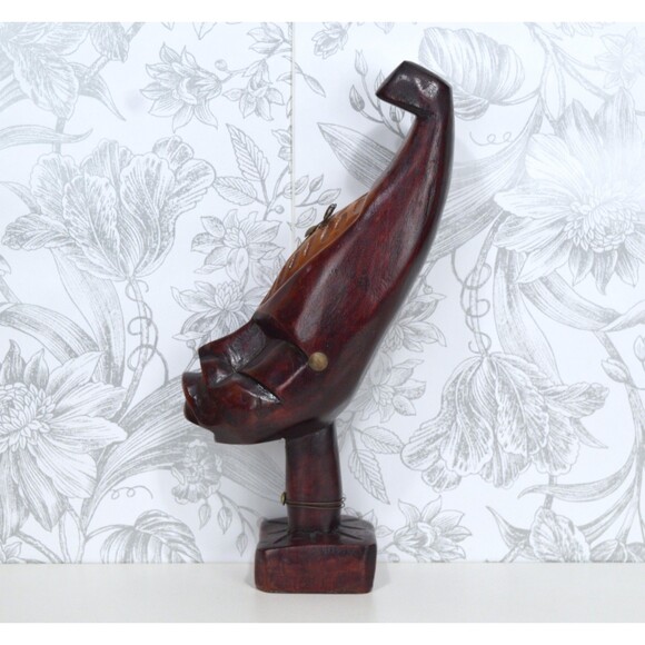 Vintage Haitian Wooden Hand Carved African Tribal Moon Head Sculpture Statue - Picture 3 of 11